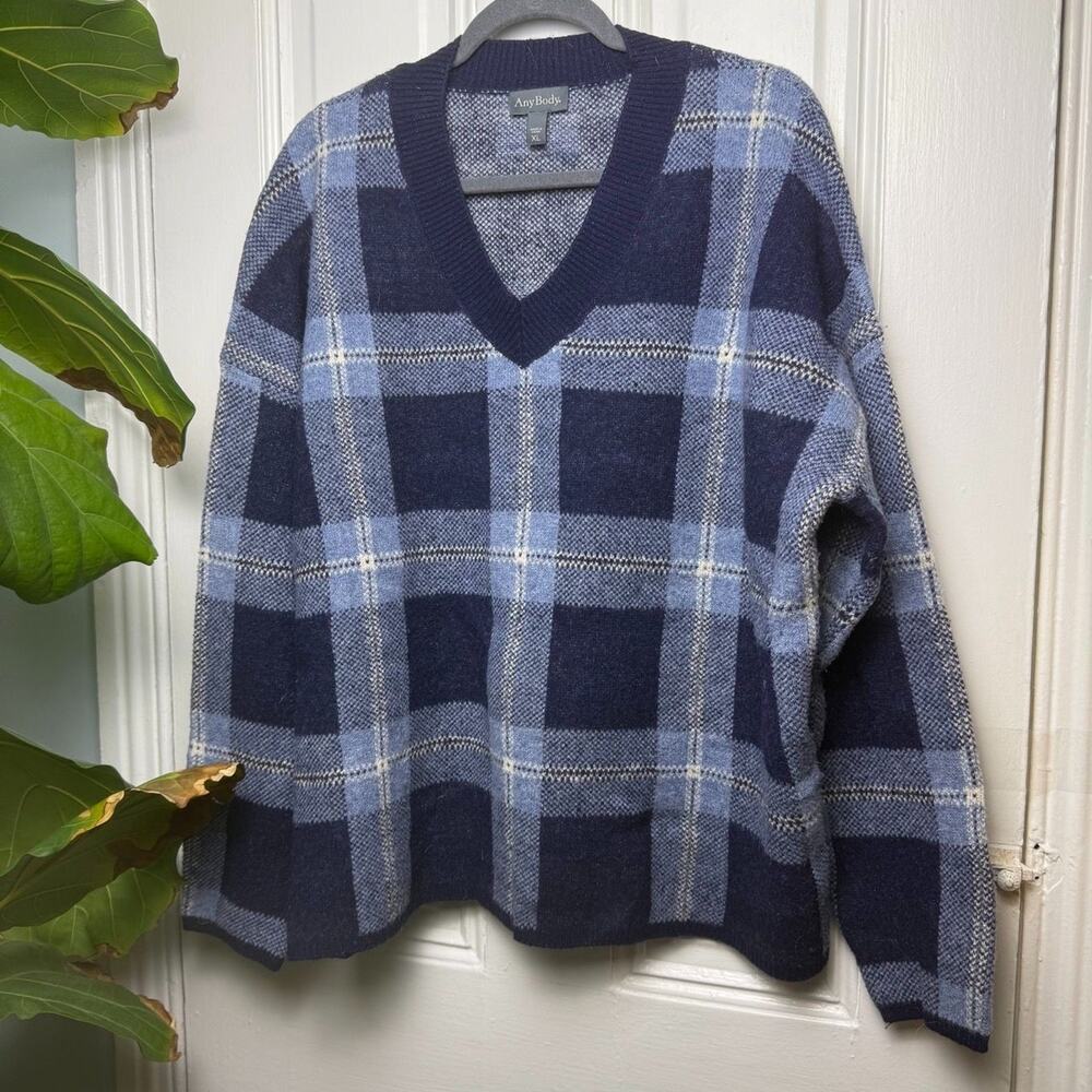 AnyBody Navy Blue Plaid V-Neck Long Sleeve Sweater Womens XL